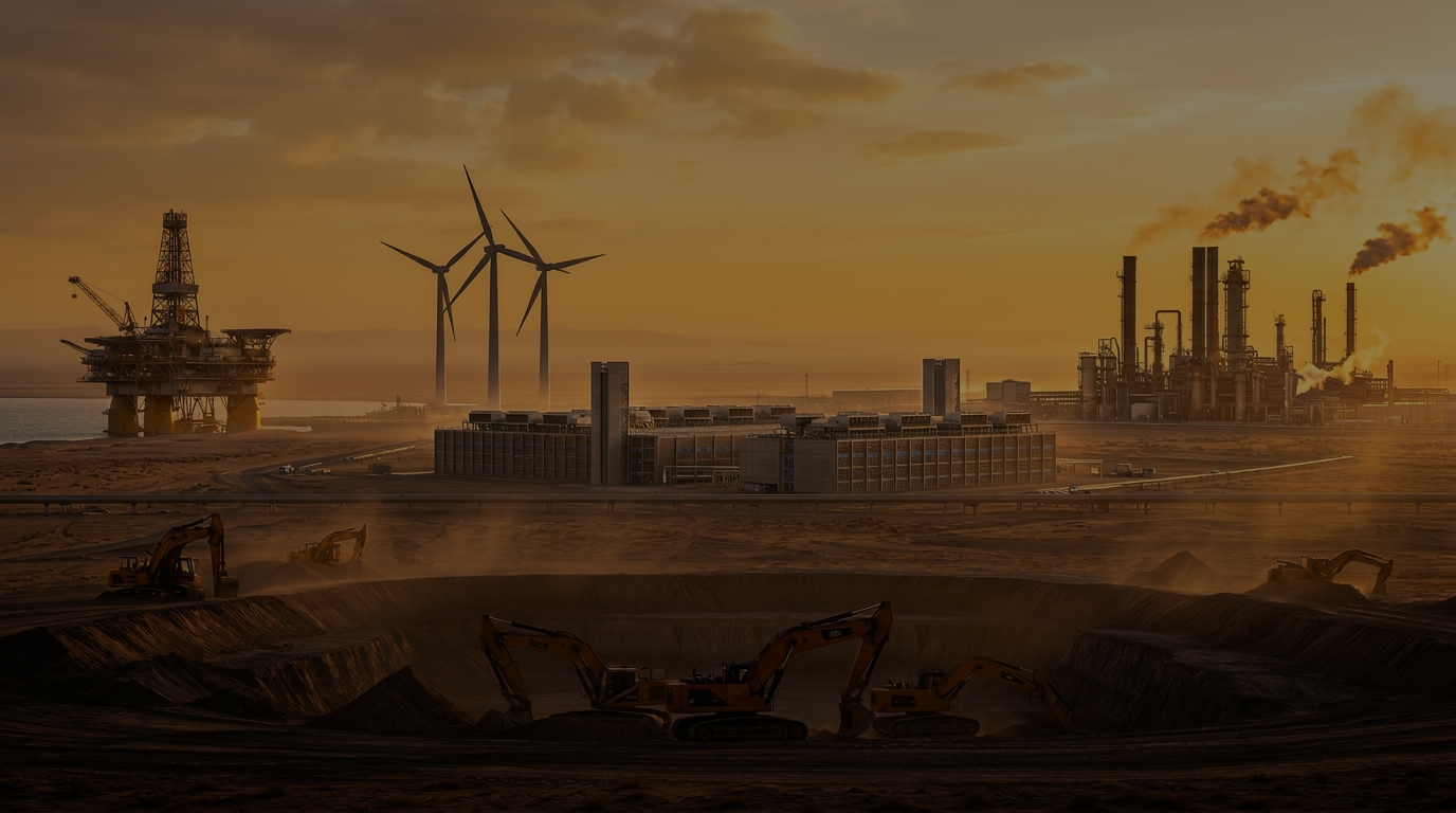 Gulf Coast industrial landscape with an offshore rig, wind turbines, a data center, refinery stacks, and excavators at sunset